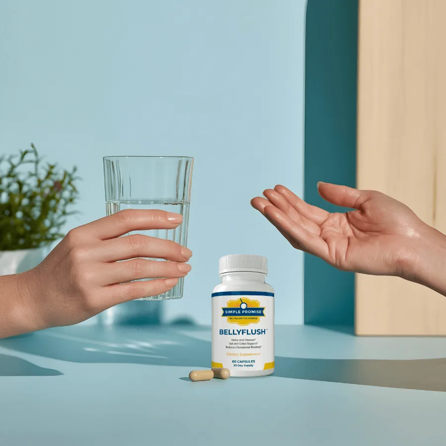 BellyFlush bottle and capsules with a glass of water