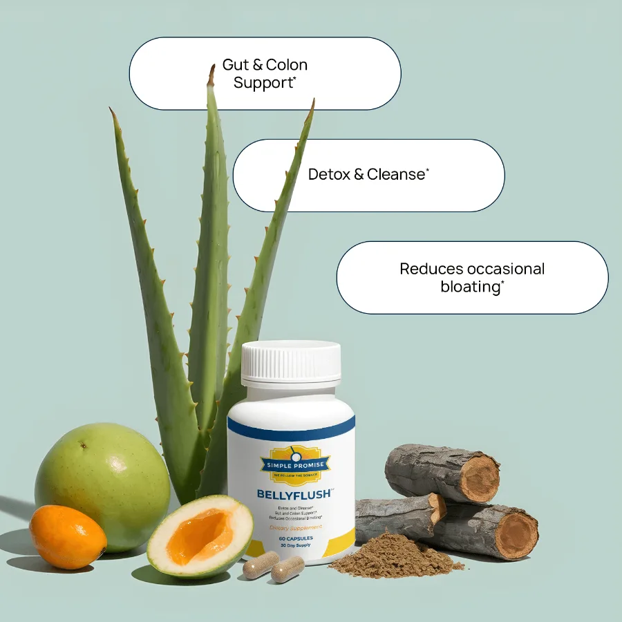 BellyFlush natural herbal ingredients with aloe, senna, cascara and triphala