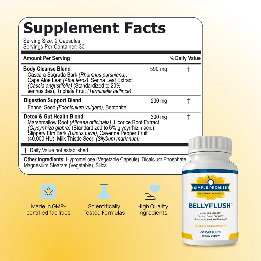 BellyFlush Supplement Facts label showing the Body Cleanse, Digestion Support and Detox and Gut Health blends