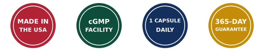 CardioClear7 seller badges: made in the USA, cGMP facility, 1 capsule daily, 365-day guarantee