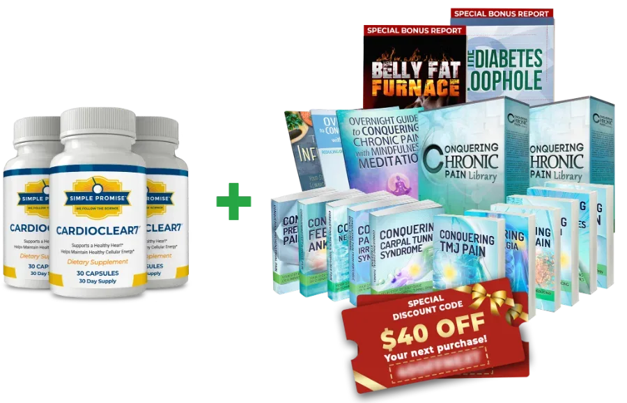CardioClear7 multi-bottle package with all bonus guides and the $40 off code