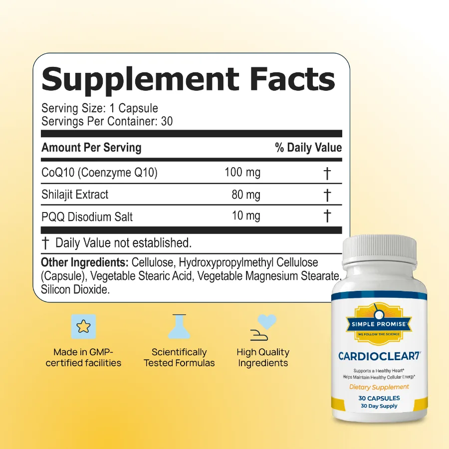 Official CardioClear7 Supplement Facts label: CoQ10 100 mg, shilajit extract 80 mg, PQQ disodium salt 10 mg per capsule