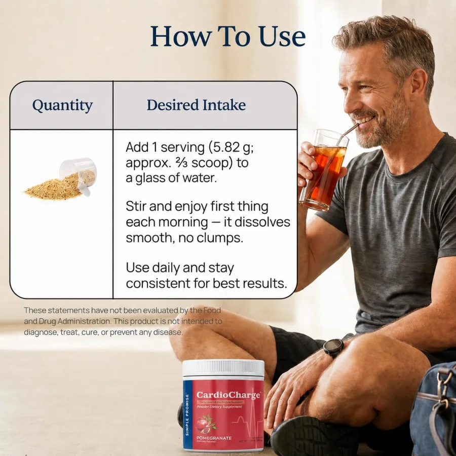CardioCharge how to use: add one 5.82 g serving to a glass of water each morning