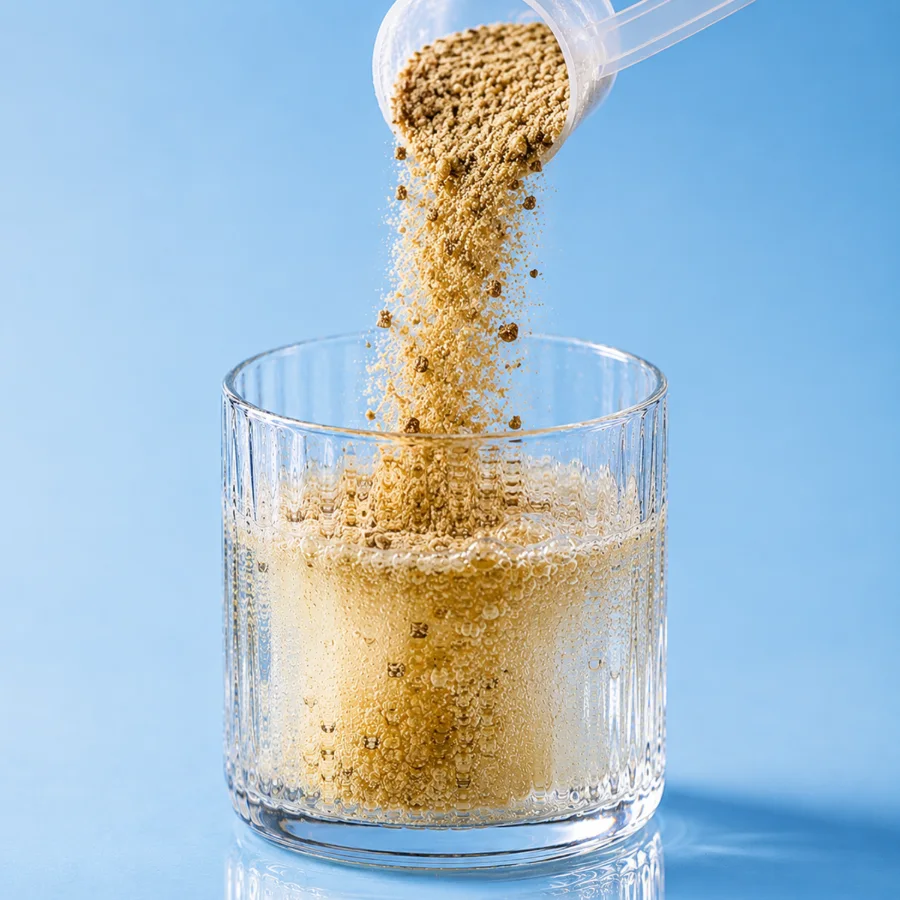 CardioCharge powder poured from the scoop into a glass of water