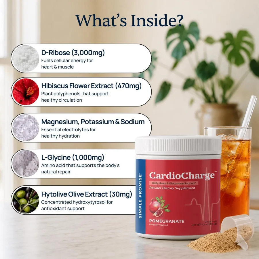 CardioCharge ingredients: D-ribose 3,000 mg, hibiscus 470 mg, magnesium, potassium, sodium, L-glycine 1,000 mg and Hytolive 30 mg