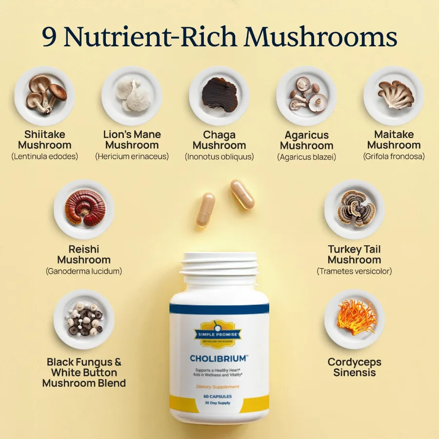 Cholibrium ingredients: the mushrooms in the formula, including shiitake, lion's mane, chaga, agaricus, maitake, reishi, turkey tail, cordyceps, black fungus and white button