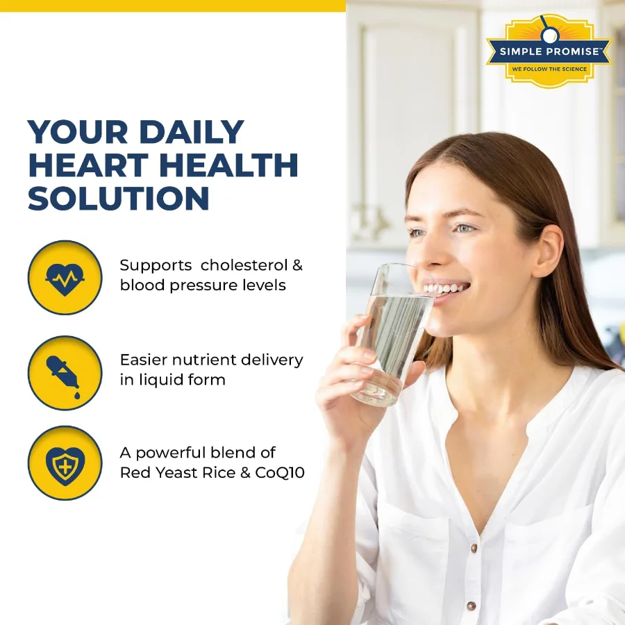 Woman drinking water with HeartAide: supports cholesterol and blood pressure levels, liquid form, red yeast rice and CoQ10