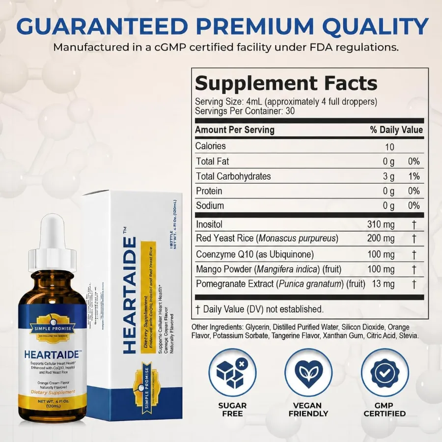 HeartAide Supplement Facts panel and box: sugar free, vegan friendly, GMP certified